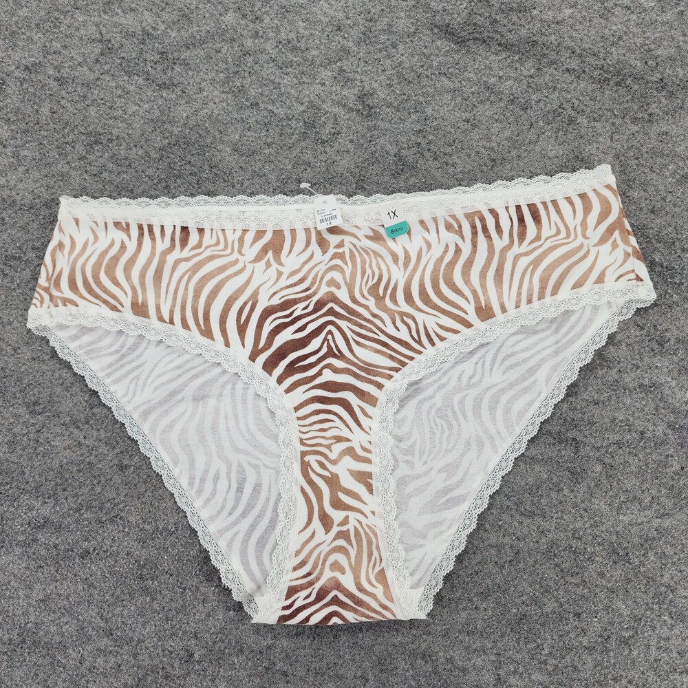 Maurices Panties Womens 1X Bikini Lace Trim White Brown Zebra Stripe